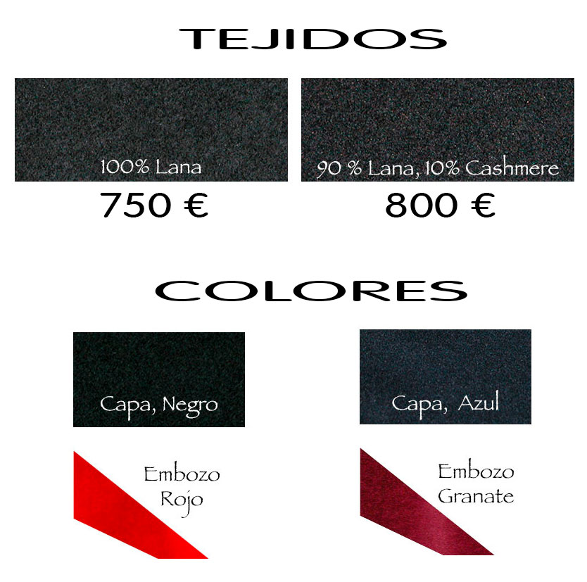 Colores de capa española. Colores de embozo. Tipos de tejido. Pedidos online.